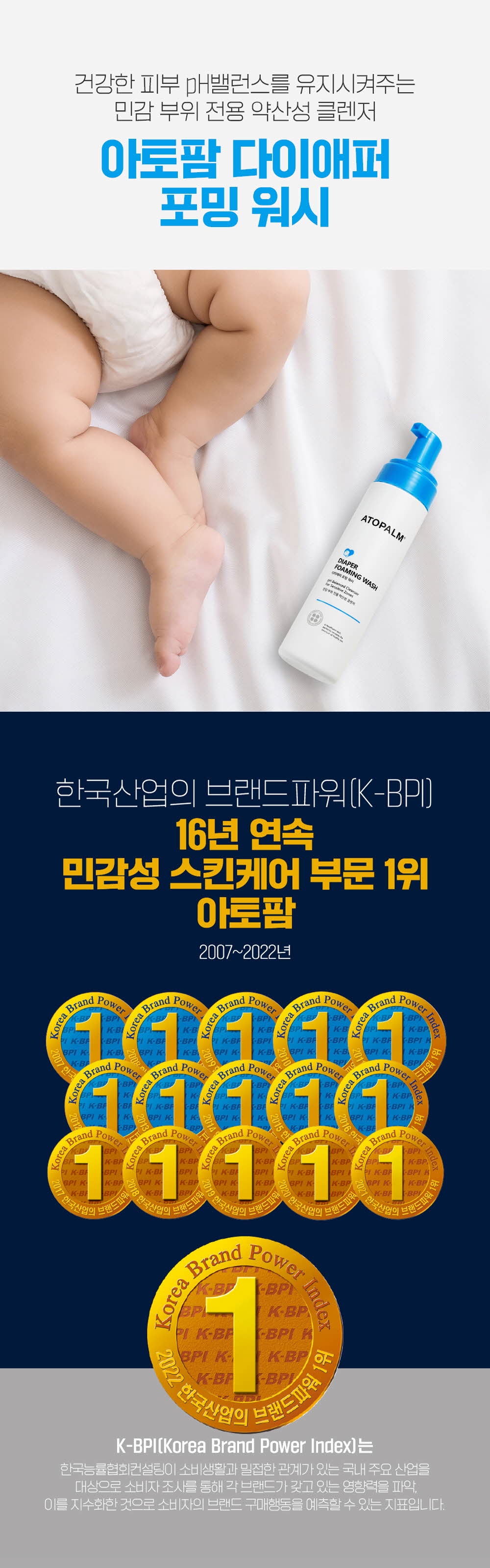 건강한 피부 pH밸런스를 유지시켜주는 민감 부위 전용 약산성 클렌저 아토팜 다이애퍼 포밍 워시
	한국산업의 브랜드파워(K-BPI) 16년 연속 민감성 스킨케어 부문 1위 아토팜 2007~2022년