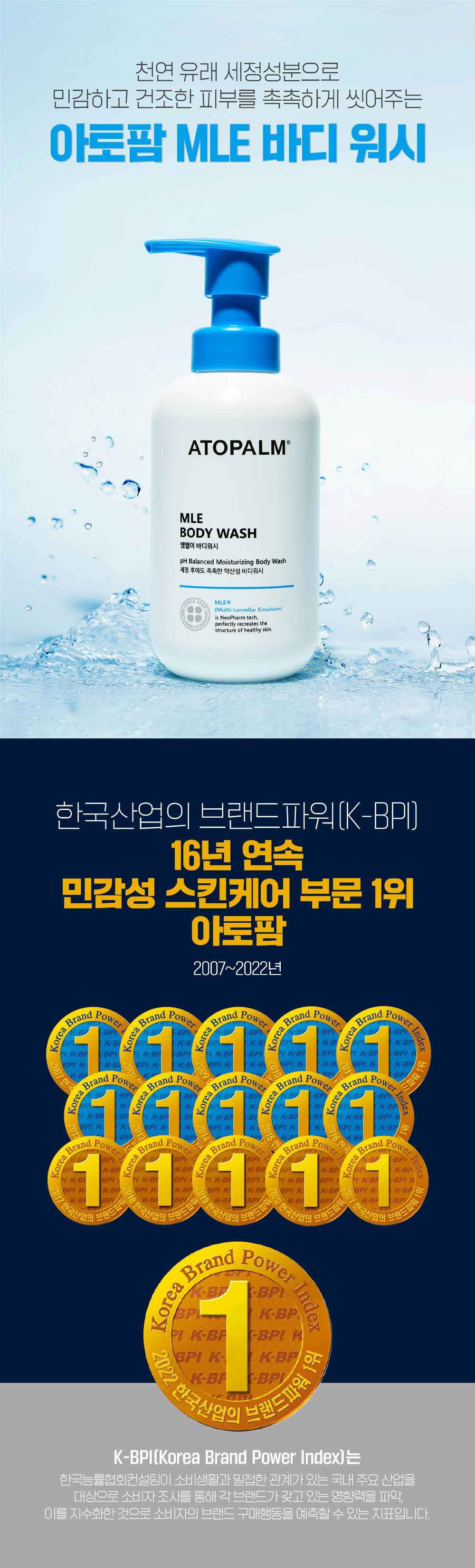 천연 유래 세정성분으로 민감하고 건조한 피부를 촉촉하게 씻어주는 아토팜 MLE 바디 워시
	한국산업의 브랜드파워(K-BPI) 16년 연속 민감성 스킨케어 부분 1위 아토팜 2007~2022년