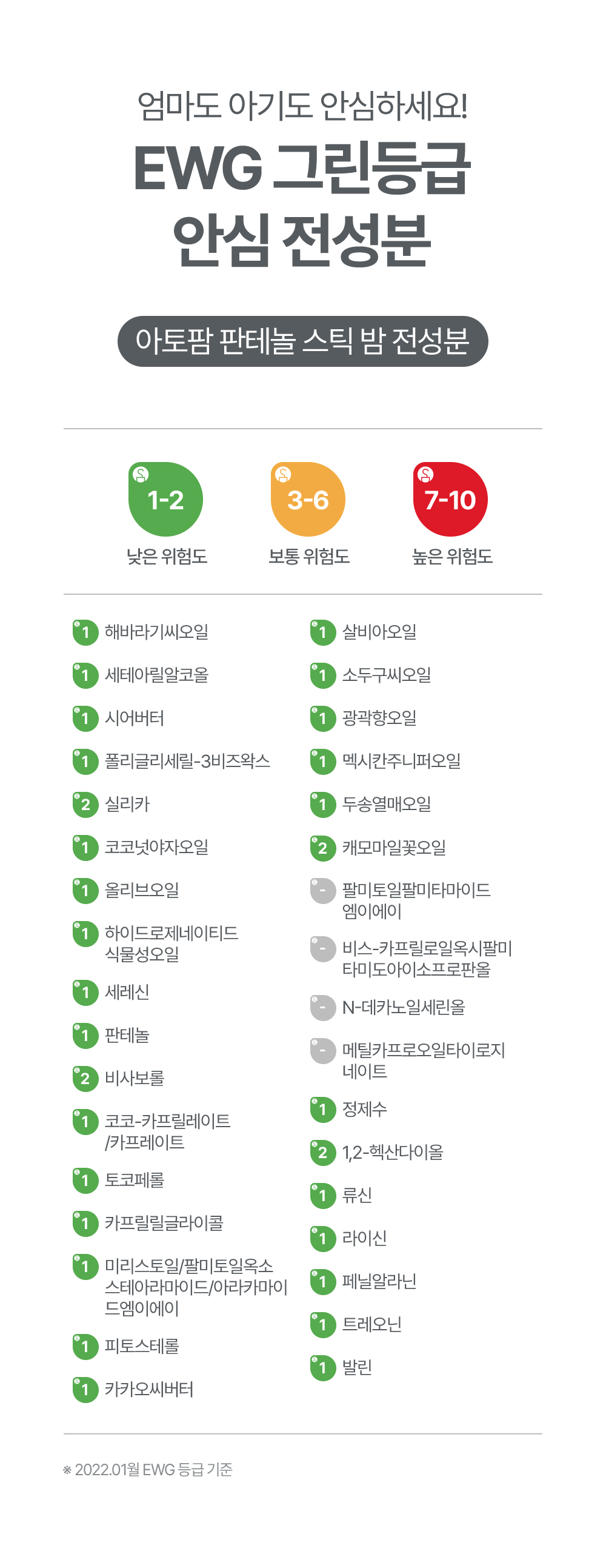 엄마도 아기도 안심하게 EWG 그린등급 안심 전성분 아토팜 판테놀 스틱 밤 전성분