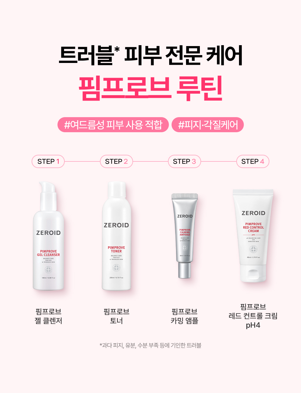 트러블 피부 전문케어 핌프로브 루틴 여드름성 피부 사용 적합 피지와 각질 케어 1단계 핌브로브 젤 클렌저 2단계 핌프로브 토너 3단계 핌프로브 카밍 앰플 4단계 핌프로브 레드 컨트롤 크림 pH4
