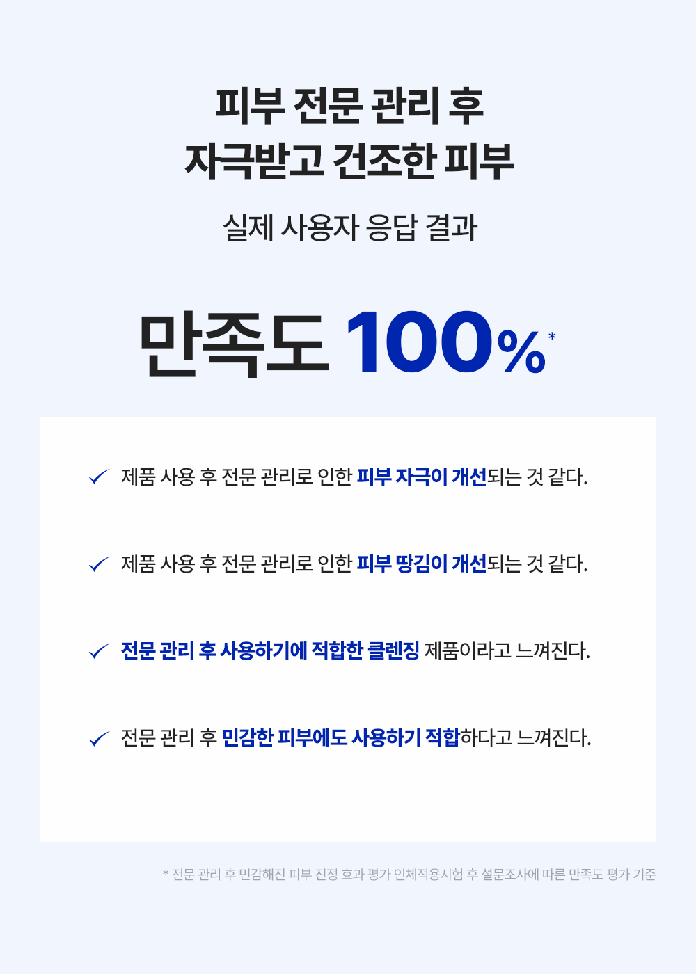 피부 전문 관리 후 자극받고 건조한 피부 실제 사용자 응답 결과 만족도 100%25