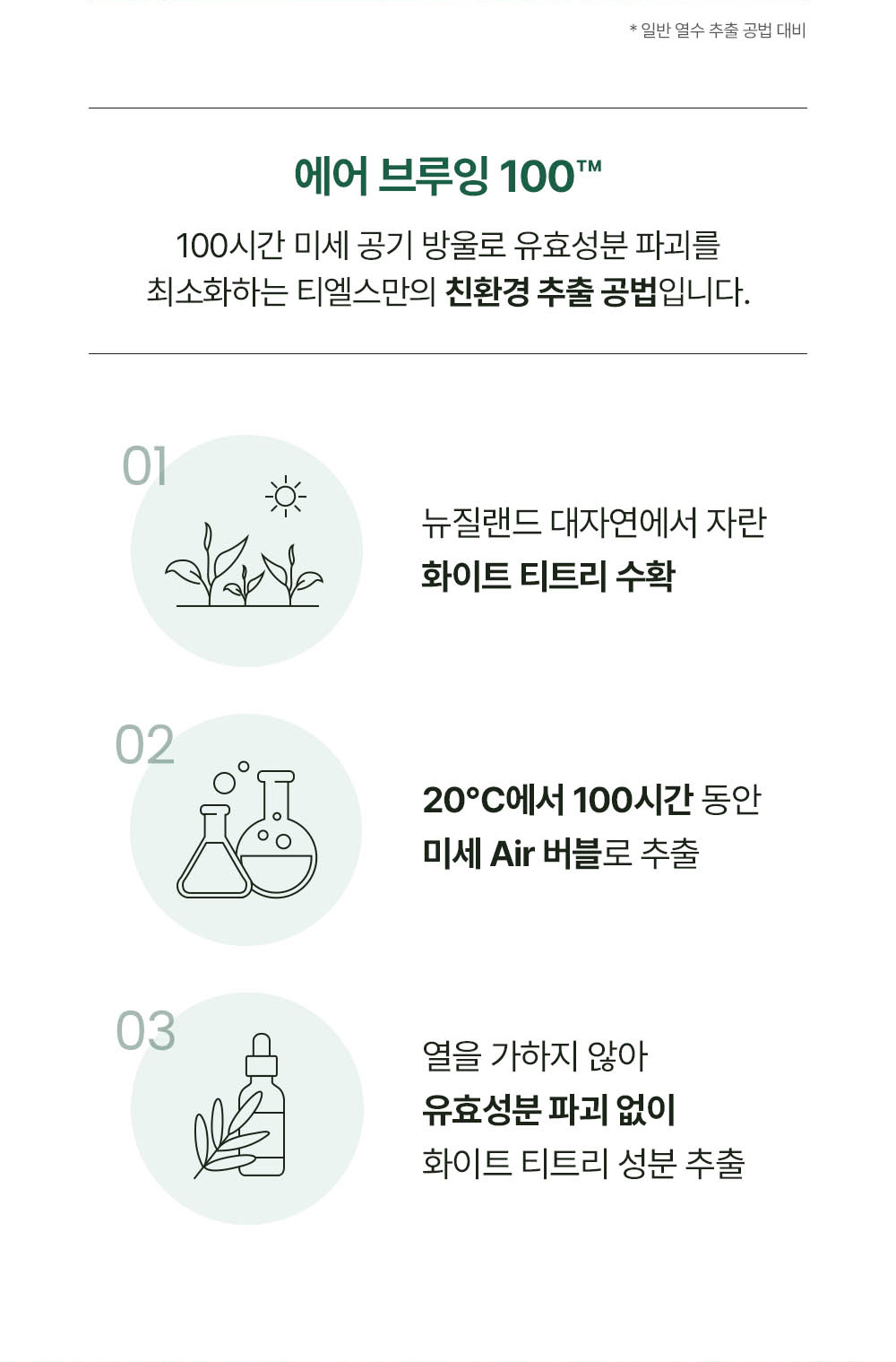 The Air Brewing 100 method is Telse's eco-friendly extraction method that minimizes the destruction of active ingredients using fine air bubbles for 100 hours.