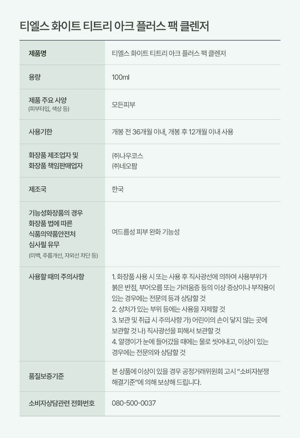 Telse White Tea Tree AC Plus Pack Cleanser Product Information: 
Volume 100ml, Main Specifications for All Skin Types, Expiration Date Use within 36 months before opening, within 12 months after opening, Manufacturer and Responsible Seller: Nowcos Co., Ltd. / NeoPharm Co., Ltd., Country of Manufacture: South Korea, Functional Cosmetics Approval by the Ministry of Food and Drug Safety under the Cosmetics Act for acne-prone skin relief, Precautions when using: 1. If you experience any abnormal symptoms or side effects such as redness, swelling, or itching in the area of use due to direct sunlight while using or after using cosmetics, consult a specialist. 2. Avoid using on areas with wounds. 3. Precautions for storage and handling: a) Keep out of reach of children. b) Store away from direct sunlight. 4. If particles get into the eyes, rinse with water, and consult a specialist if there are any issues. Quality assurance standards: Compensation will be provided in accordance with the 'Consumer Dispute Resolution Standards' announced by the Fair Trade Commission in case of any issues with this product. Consumer consultation phone number: 080-500-0037