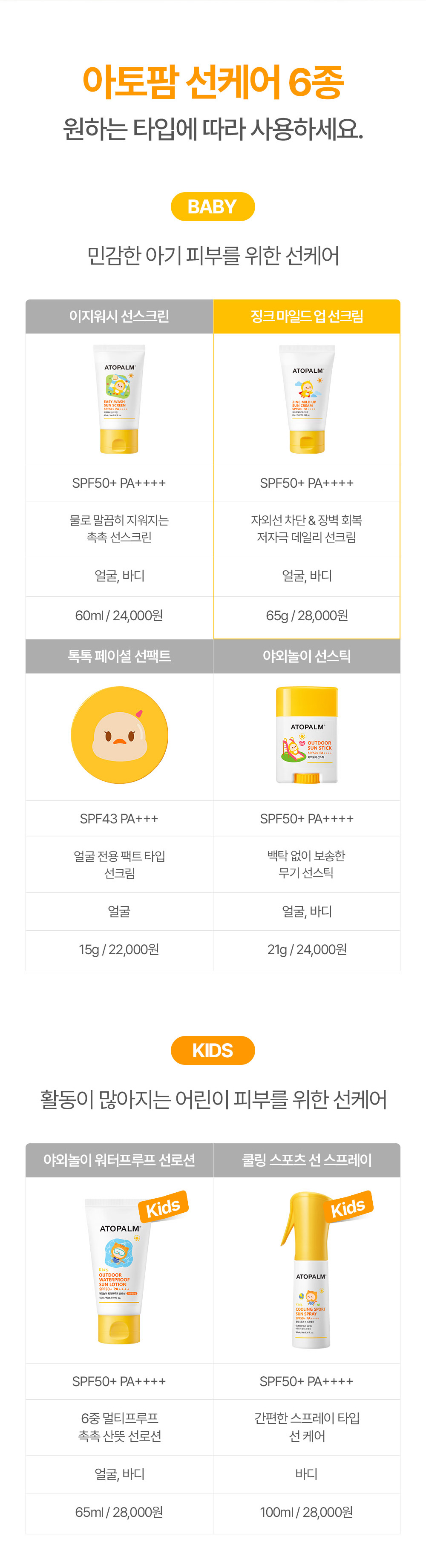 아토팜 선케어 6종 원하는 타입에 따라 사용하세요.