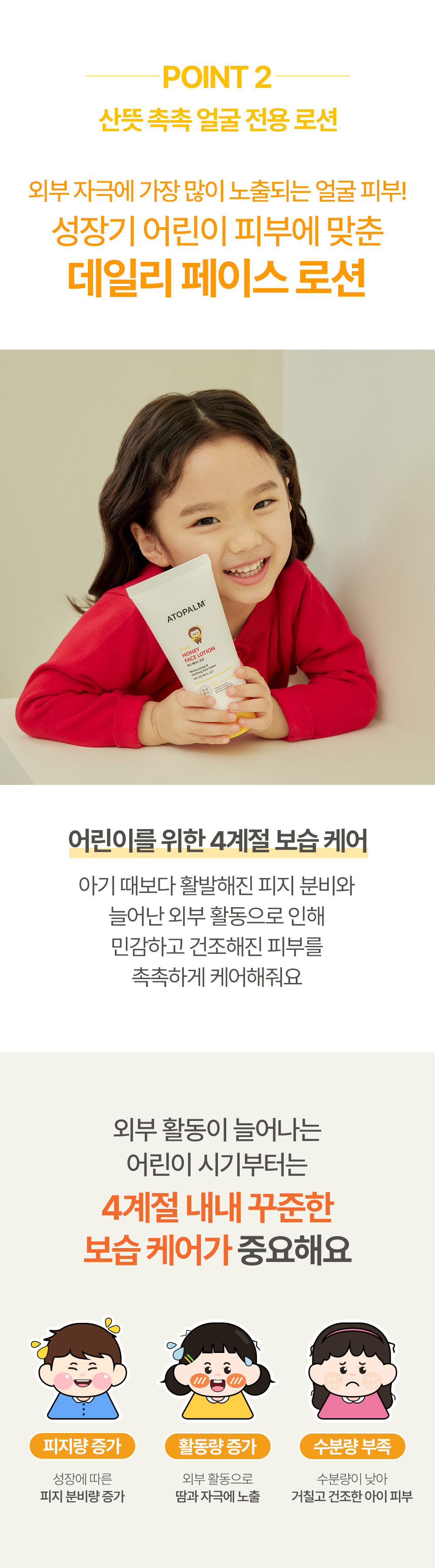 POINT 2 산뜻 촉촉 얼굴 전용 로션 외부 자극에 가장 많이 노출되는 얼굴 피부! 성장기 어린이 피부에 맞춘 데일리 페이스 로션 어린이를 위한 4계절 보습 케어
