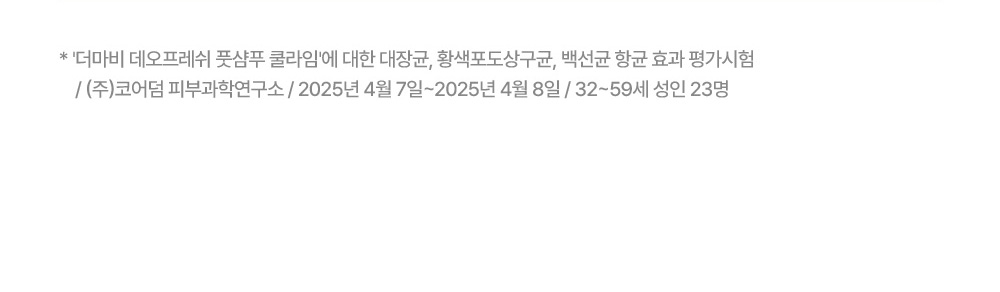 더마비 데오프레쉬 풋샴푸 쿨라임에 대한 대장균, 황색포도상구균, 백선균 항균 효과 평가시험 / (주)코어덤 / 2025년 4월 7일~2025년 4월 8일 / 32~59세 성인 23명