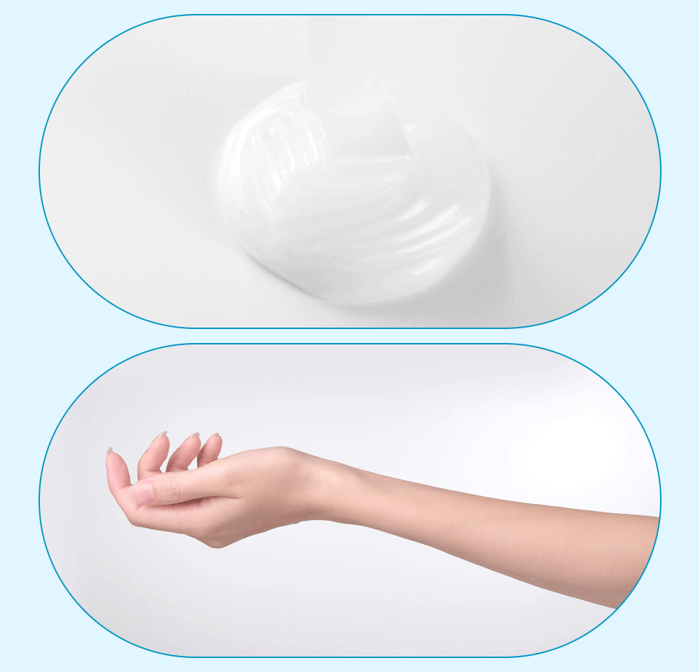 제품의 제형 gif 이미지와 제품 사용 후에도 촉촉하고 매끈하게 유지되는 피부를 보여주는 gif 이미지