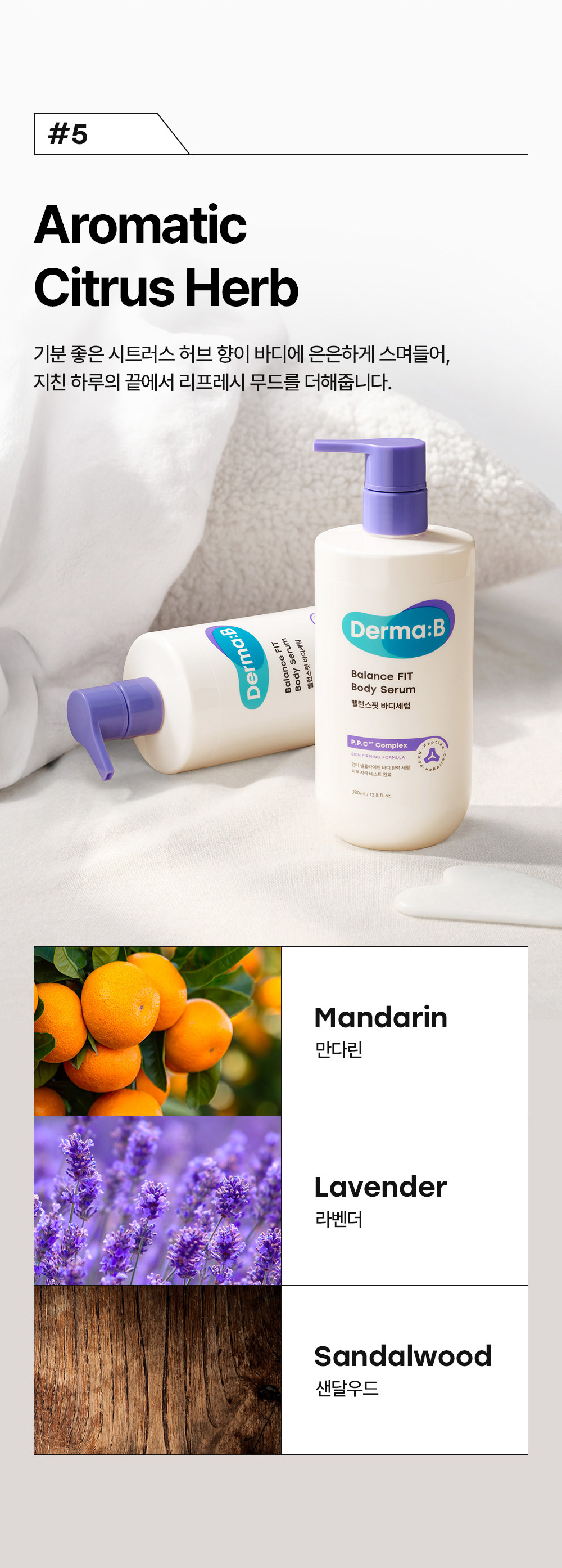 #5 Aromatic Citrus Herb 기분 좋은 시트러스 허브 향이 바디에 은은하게 스며들어, 지친 하루의 끝에서 리프레시 무드를 더해줍니다.