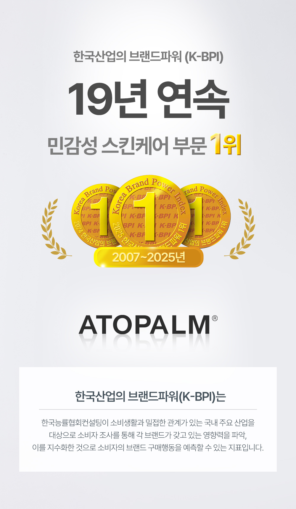 한국산업의 브랜드파워(K-BPI) 18년 연속 민감성 스킨케어 부문 1위 한국산업의 브랜드파워(K-BPI)는 한국능률협회컨설팅이 소비생활과 밀접한 관계가 있는 국내 주요 산업을 대상으로 소비자 조사를 통해 각 브랜드가 갖고 있는 영향력을 파악, 이를 지수화한 것으로 소비자의 브랜드 구매행동을 예측할 수 있는 지표입니다.