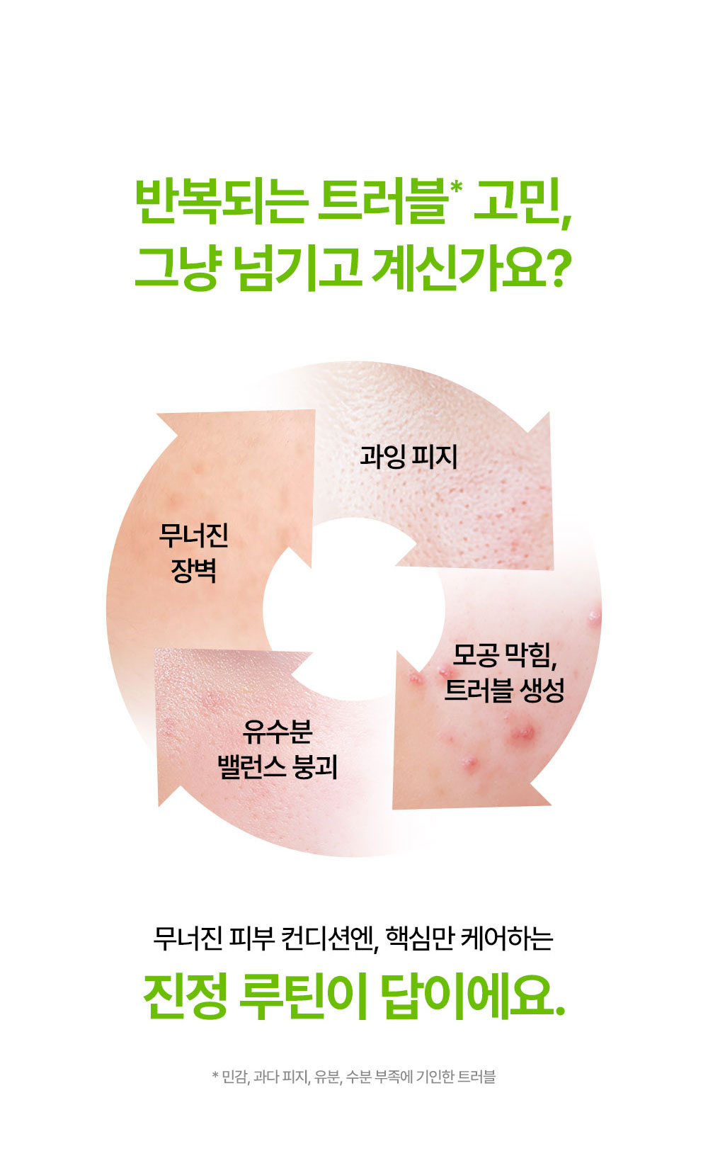 반복되는 트러블 고민, 그냥 넘기고 계신가요? 무너진 피부 컨디션엔, 핵심만 케어하는 진정 루틴이 답이에요.