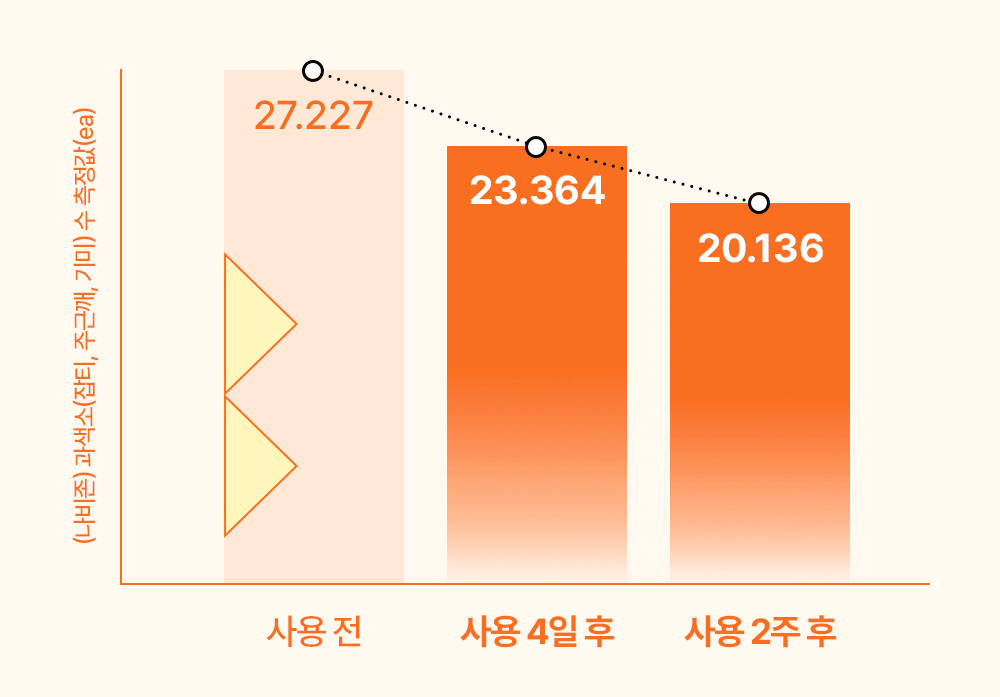 나비존 과색소 수가 사용 4일 후 14.188%, 사용 2주후 26.044% 개선된 것을 보여주는 그래프