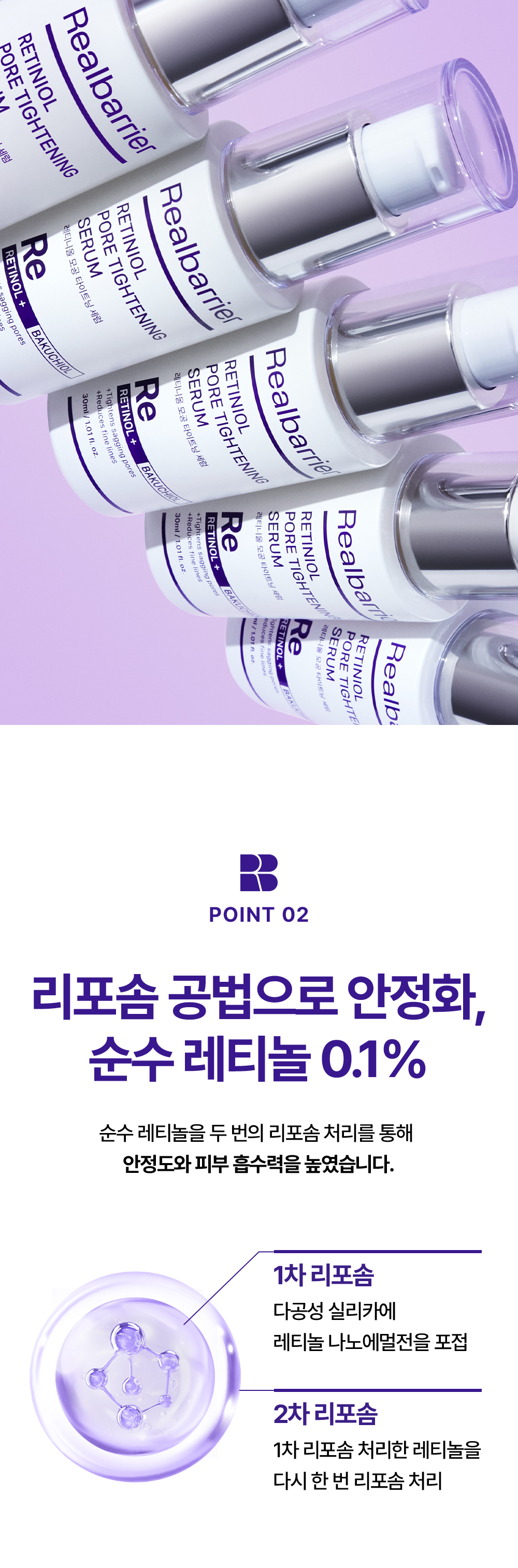 POINT 02. 리포솜 공법으로 안정화,순수 레티놀 0.1%